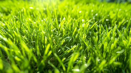 Fototapeta premium Close-up of a lush, macro view of a field with vibrant green grass. Generative AI