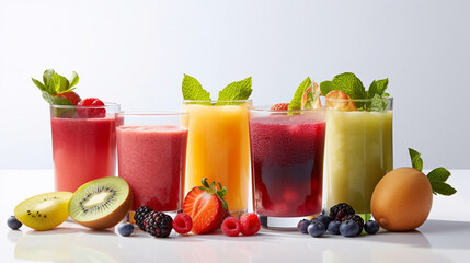 Assorted fruit juices showcased on a white background. Generative AI