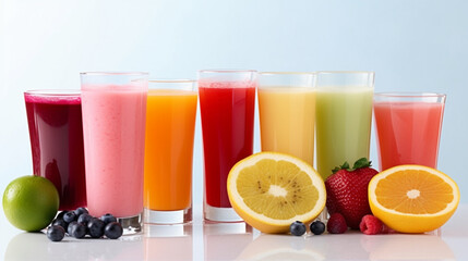 Assorted fruit juices showcased on a white background. Generative AI