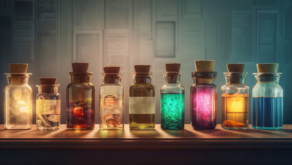 Vials and bottles with colorful magic potion in laboratory. Halloween background - obrazy, fototapety, plakaty