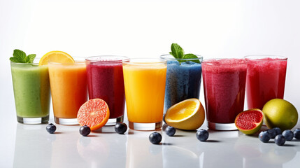 Fototapeta premium Assorted fruit juices showcased on a white background. Generative AI