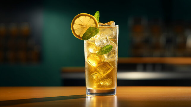 A concoction of chilled ginger ale with a hint of citrusy tang from fresh lemon, served over ice Generative AI
