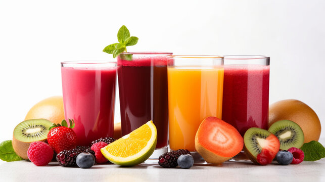 Assorted fruit juices showcased on a white background. Generative AI