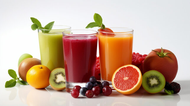 Assortment of fruit juices showcased against a white backdrop. Generative AI