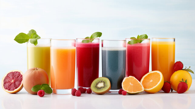 Assortment of fruit juices showcased against a white backdrop. Generative AI