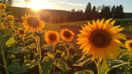 Sunflowers basking in the golden glow of the setting sun. Generative AI