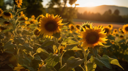 Sunflowers basking in the golden glow of the setting sun. Generative AI