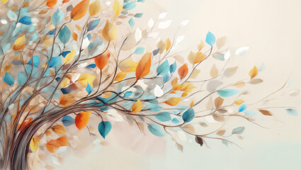 Autumn tree branches with colorful leaves in soft pastel tones.