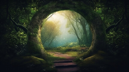 Enchanted woodland with mystical portals Generative AI