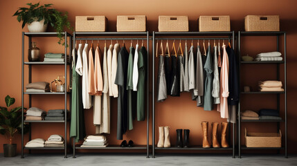 Fashionable garments displayed in clothing racks and stored in modern wardrobes. Generative AI