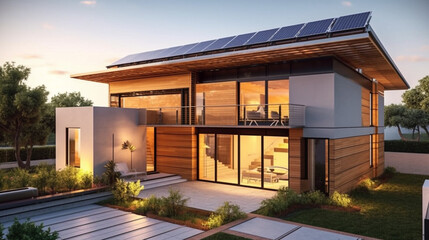 Sustainable dwelling with photovoltaic panels. Generative AI - obrazy, fototapety, plakaty