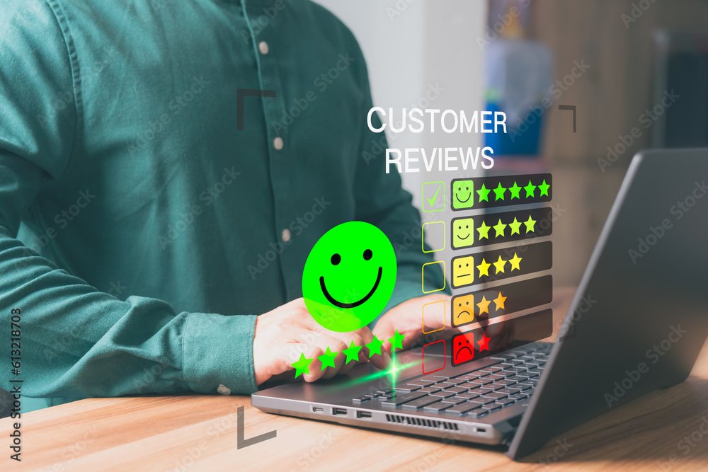 Poster Customer use a computer laptop with a pop-up smile face and five star icon for assessment feedback review satisfaction and testimonial. Customer service experience and business satisfaction survey.