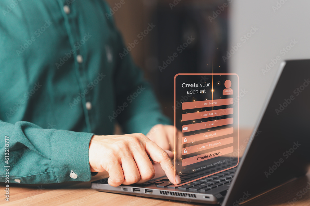 Aufkleber Adult Man type sign up for the website on a computer laptop. Cyber security concept to protect personal data. Secure encryption and access to the user's private information to access the internet.