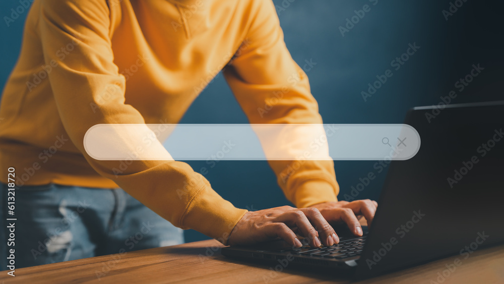 Aufkleber User working with a laptop computer on the table. Search engine optimization of the internet with the search bar. Best SEO technology networking, Searching browsing internet data information concept