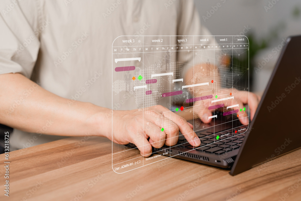 Poster Business man working data analytics with computer in business management system to make report with KPI and metrics connected to database. Corporate strategy for finance, marketing, operations, sales.