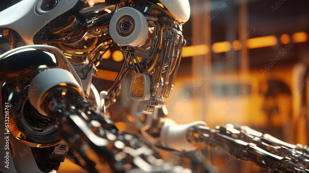 Poster mechanical efficiency: robot arm at work in factory. generative ai.
