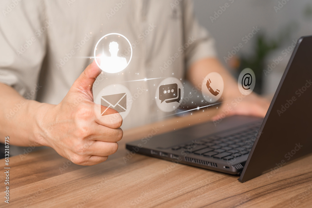 Aufkleber user use a laptop with a virtual screen for apps phones, email, addresses, chat, and message icons. 