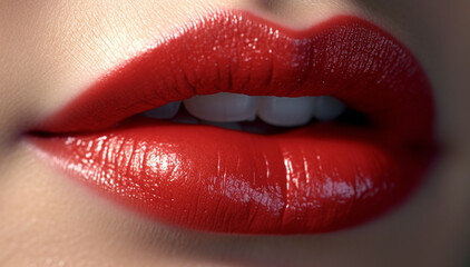 Obraz premium Lips with a pink lipgloss. Woman with dry and moisturized lips, closeup. Banner design. Natural lips beauty closeup