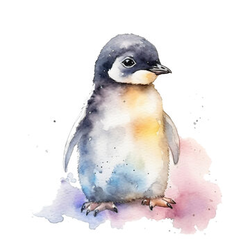 portrait little cute penguin baby in watercolor isolated against transparent background