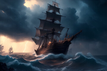 Pirate Ship in Storm. Dramatic Naval Battle Scene. Generative AI