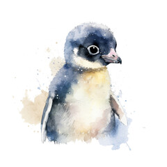 portrait little cute penguin baby in watercolor isolated against transparent background