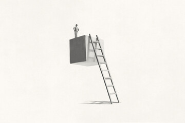 illustration of man on the top of a suspended cube observing the future, surreal concept