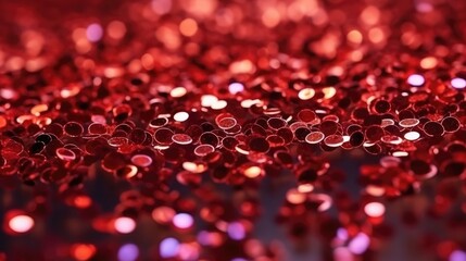 Red sequins background with bokeh defocused lights. Festive abstract background. Ruby glitter bokeh background. Unfocused shimmer red sparkle. Crystal droplets wallpaper. generative AI