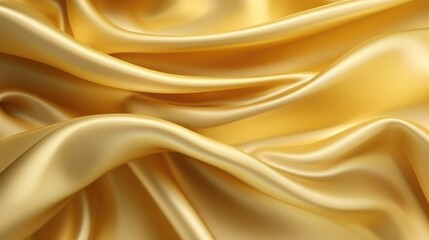 Fototapeta premium Golden satin background with smooth folds. Satin silk fabric background. Rippling scarf texture. Luxury shiny wallpaper in gold