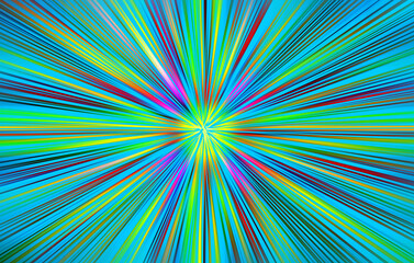 Abstract radial zoom blur surface of in acid yellows, greens and pinks on a light blue background. Colorful neon background with radial, radiating, converging lines.