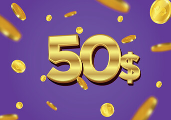 50 Dollar gift or offer poster with flying gold coins. Fifty Dollar coupon voucher, cash back banner special offer, casino winner. Vector illustration.