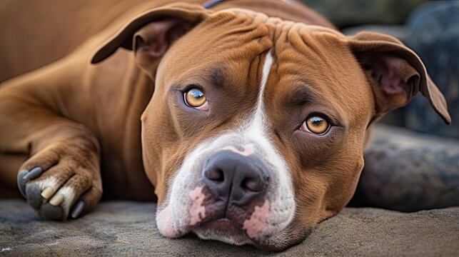 American Staffordshire Terriers Lying Comfortably: A Close-up Look at Man's Best Friend. Generative AI