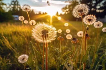 Dandelion flower in the meadow at sunset. Beautiful nature background. Dandelion on the meadow in the rays of the setting sun, Fluffy flower weed in grass field. generative AI