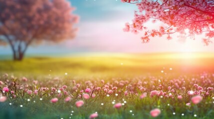 Obraz na płótnie Canvas Beautiful spring landscape with blooming cherry tree and sun rays. blooming flowers and trees. Summer meadow field with grass and bokeh wallpaper landscape. generative AI