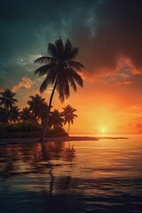 Gorgeous Sunset Over Tropical Beach with Palm Trees and Sea View. Generative AI