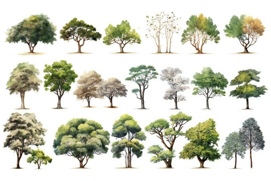 Collection of various types of trees like oak, spruce, dogwood, crape, koa, maple, willow, cherry, pine, palm on white background Generative AI