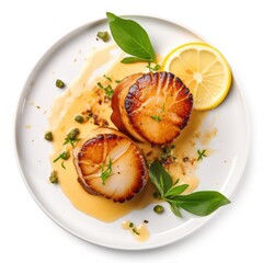 Seared Scallops with Lemon Beurre Blanc isolated on white background. Generative AI