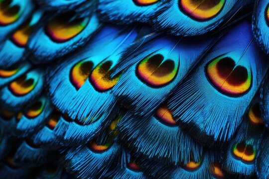 Close up of peacock feathers. Colorful peacock feathers background. macro photo. generative AI
