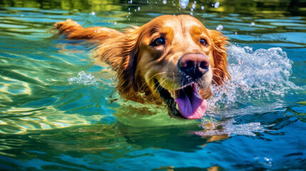 Dog's Summer Day - Golden Retriever Swimming - Animal art made with Generative AI