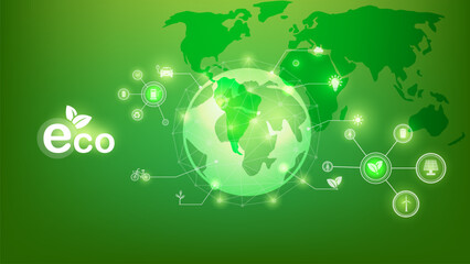 Abstract green glowing planet Earth. Earth hour concept.Wireframe light connection structure. Vector illustration. Web and Social Header Banners for ESG. Sustainable business or green business vector 