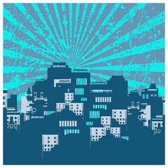 Silhouette of a big city against the backdrop of the setting sun. Blue palette. Vector illustration