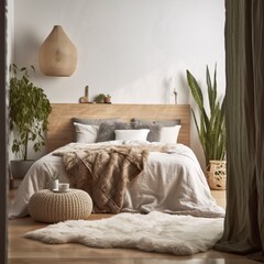 Bedroom interior mockup, cozy home room decor with wide empty wall, bed, blanket and carpet Generative AI