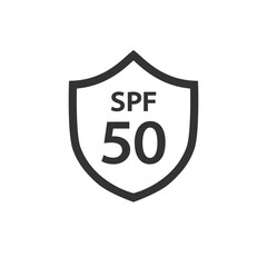 Sun protection SPF 50 simple flat icon vector. SPF 50 icon. Shield icon