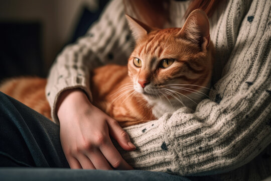 Generative AI illustration of crop person in warm knitted sweater embracing adorable cat while resting at home