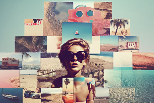 Generative AI illustration of stylish female in sunglasses enjoying summer vacation at beach with various photos