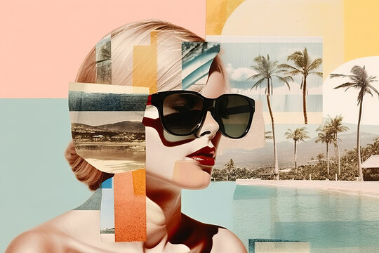 Generative AI illustration of attractive young female in trendy sunglasses and palm trees on beach representing concept of summer vacation
