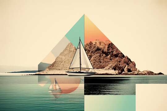 Generative AI illustration of picturesque scenery of sailboat floating on rippling sea water near rocky cliff against sky on sunny day
