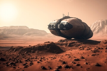 Generative AI image of spaceship on mission of discovery and exploring mysteries of universe landed on rocky surface of planet with desert and mountains under cloudless sky