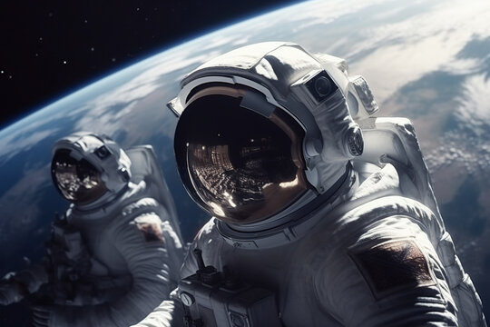 Generative AI illustration of from above of unrecognizable spacemen in Extravehicular Mobility Unit and helmet walking in outer space