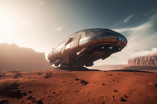 Generative AI image of spaceship on mission of discovery and exploring mysteries of universe landed on rocky surface of planet with desert