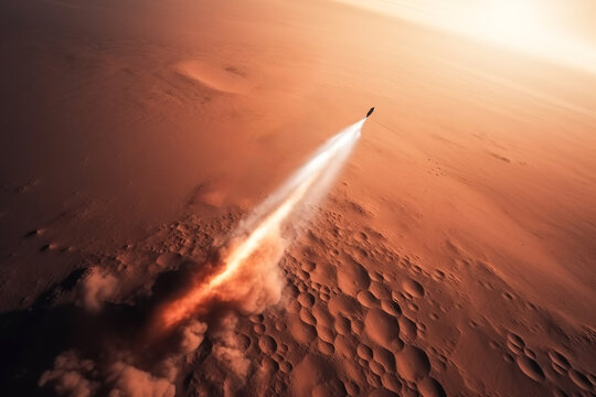 Generative AI illustration close up of rocket spaceship taking off with burning flames and smoke from surface ground of planet with desert